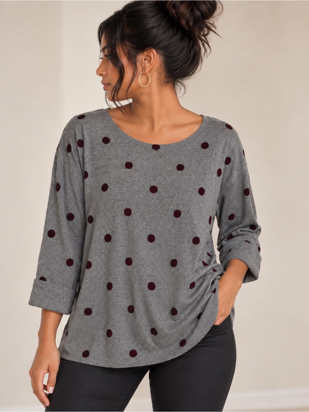 Arabella & Addison 1X Gray Purple Polka Dot Polka Dot Crewneck Sweater Size 1X
